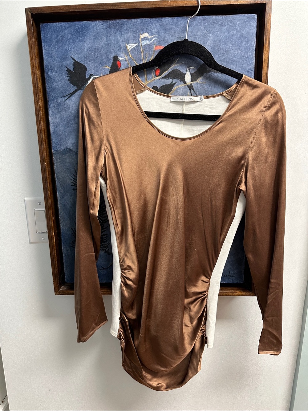 Callens Ruched Brown and cream Long-Sleeve Scoop Neck Top